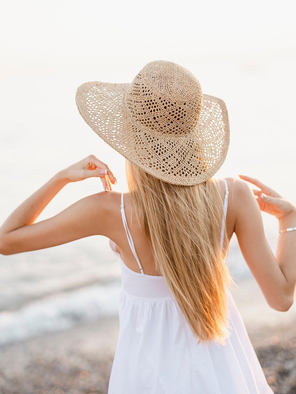 woman, dress, hat, back, girl, beautiful, model, coast, holiday, tourism, trip, nature, wicker hat, fashion, clothes, white dress, attractive, youth, portrait, hair, beach